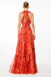 Patterned High Collar Flounce Chiffon Evening Dress