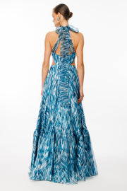 Patterned High Collar Flounce Chiffon Evening Dress