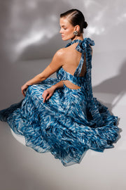 Patterned High Collar Flounce Chiffon Evening Dress