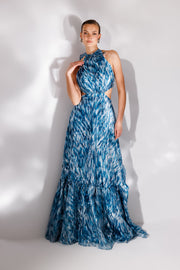 Patterned High Collar Flounce Chiffon Evening Dress