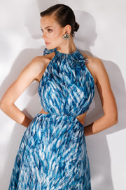 Patterned High Collar Flounce Chiffon Evening Dress