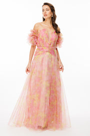 Patterned Dream Tulle Fabric V-Neck Strapless Evening Dress