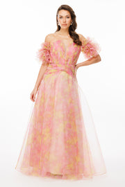 Patterned Dream Tulle Fabric V-Neck Strapless Evening Dress