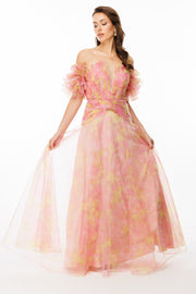 Patterned Dream Tulle Fabric V-Neck Strapless Evening Dress