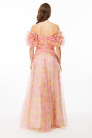 Patterned Dream Tulle Fabric V-Neck Strapless Evening Dress