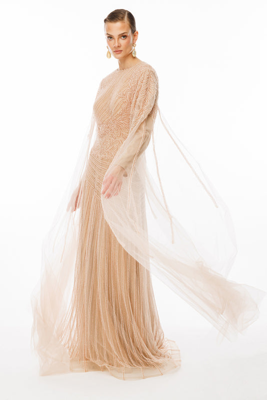 SPECIAL DESIGN EVENING DRESS WITH HOOP EMBROIDERY