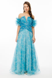Patterned Dream Tulle Fabric V-Neck Strapless Evening Dress