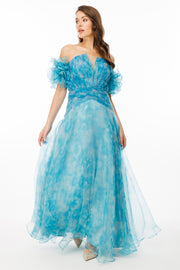 Patterned Dream Tulle Fabric V-Neck Strapless Evening Dress