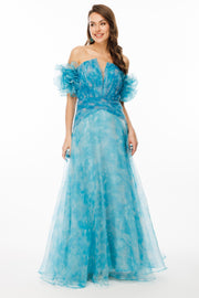 Patterned Dream Tulle Fabric V-Neck Strapless Evening Dress