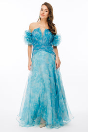 Patterned Dream Tulle Fabric V-Neck Strapless Evening Dress