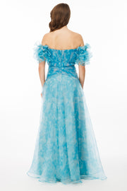 Patterned Dream Tulle Fabric V-Neck Strapless Evening Dress