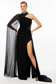 One-shoulder and embroidered evening dress with cape detail at the neck