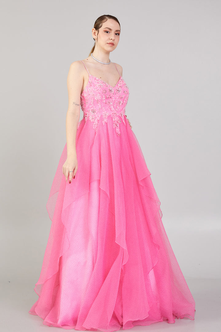 Evening Dress with Embroidered Detail, Straps and Tulle Skirt Detail