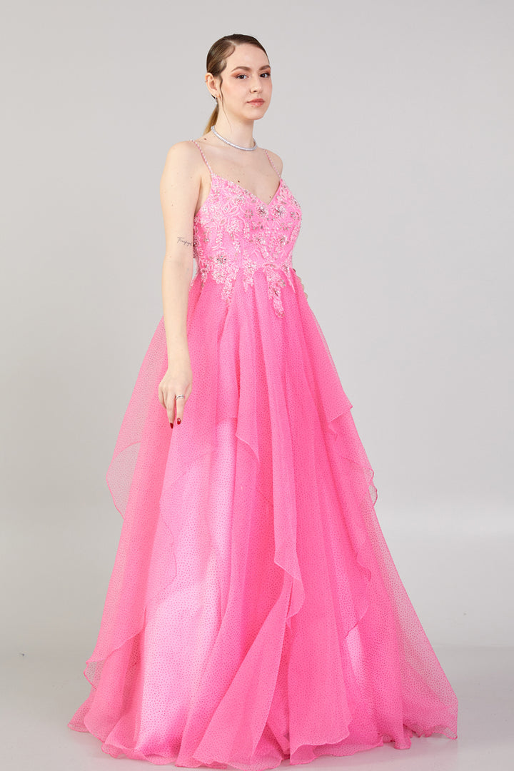 Evening Dress with Embroidered Detail, Straps and Tulle Skirt Detail