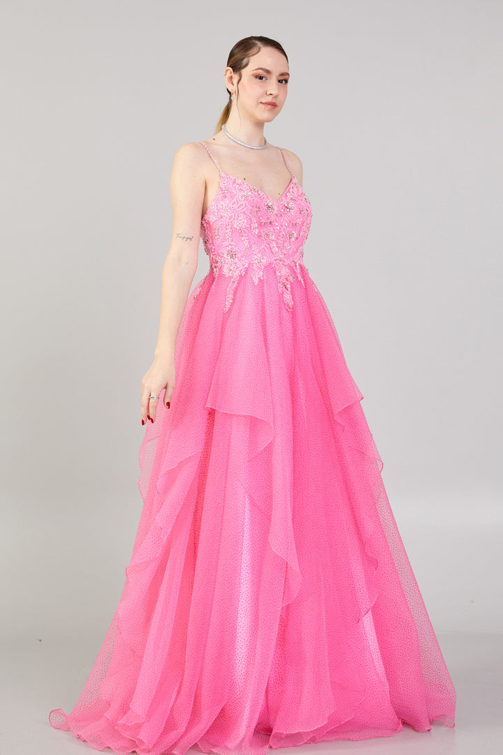 Evening Dress with Embroidered Detail, Straps and Tulle Skirt Detail