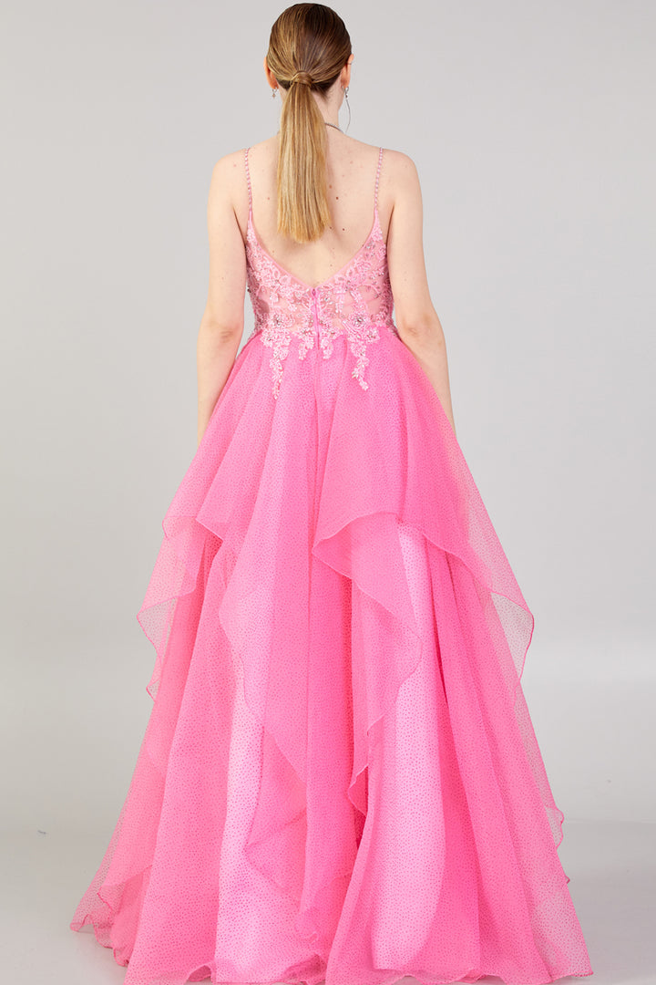 Evening Dress with Embroidered Detail, Straps and Tulle Skirt Detail