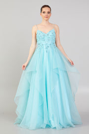 Evening Dress with Embroidered Detail, Straps and Tulle Skirt Detail