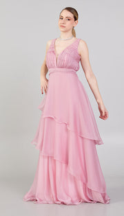 Gathered Chest Detailed Evening Dress with Tiered Skirt