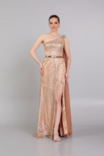 Load image into Gallery viewer, Shoulder Cape Detailed Belted Evening Dress
