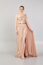 Load image into Gallery viewer, Shoulder Cape Detailed Belted Evening Dress
