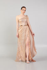 Load image into Gallery viewer, Shoulder Cape Detailed Belted Evening Dress
