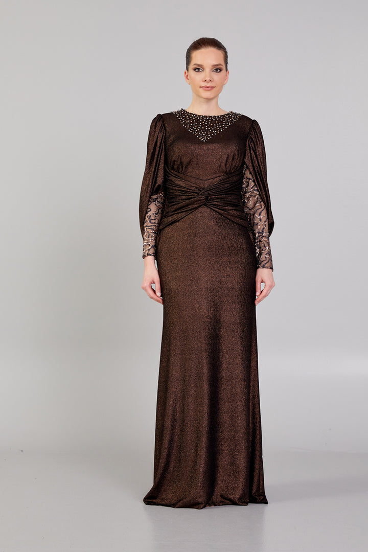 Beaded Neckline Sleeve Detailed Evening Dress