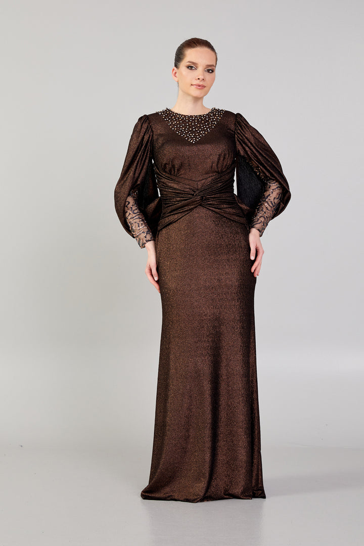 Beaded Neckline Sleeve Detailed Evening Dress