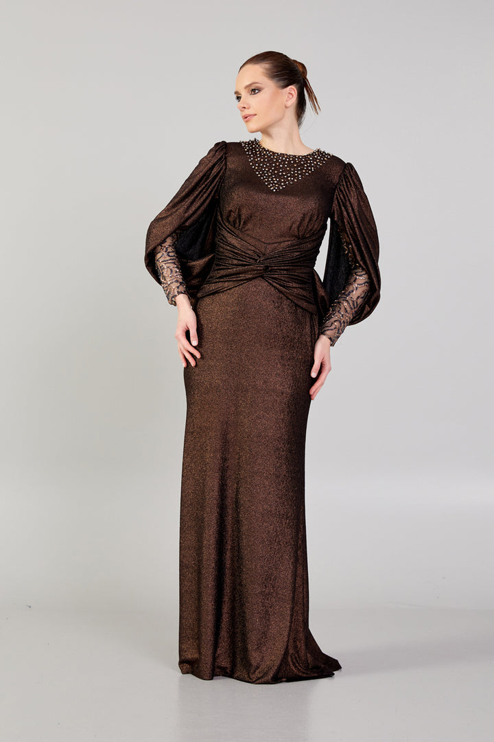 Beaded Neckline Sleeve Detailed Evening Dress