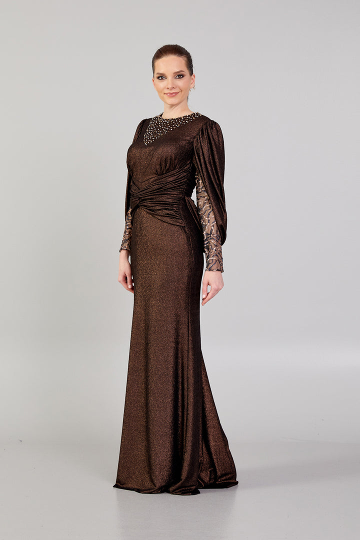 Beaded Neckline Sleeve Detailed Evening Dress