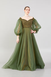 Tulle Balloon Sleeve Embroidered Evening Dress