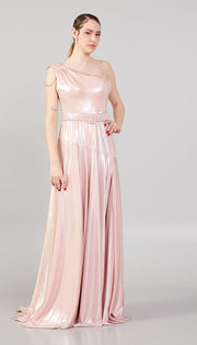 Shiny Fabric Evening Dress with Glitter Detail
