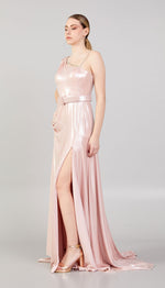 Load image into Gallery viewer, Shiny Fabric Evening Dress with Glitter Detail
