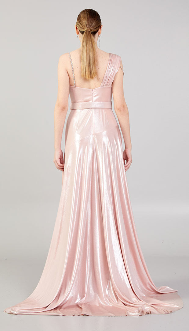 Shiny Fabric Evening Dress with Glitter Detail