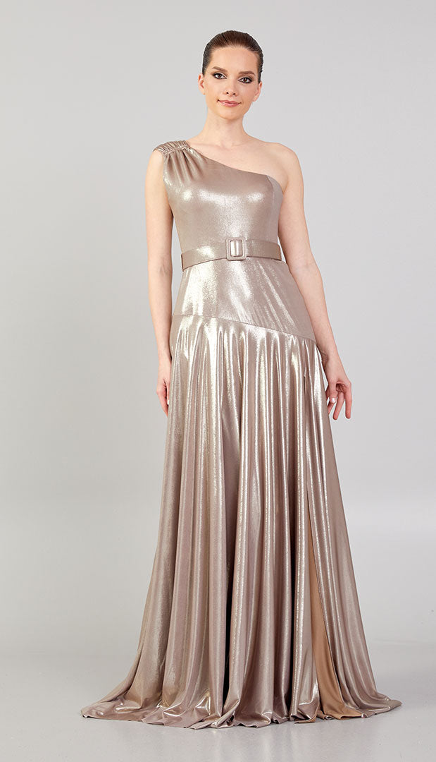 Shiny Fabric Evening Dress with Glitter Detail