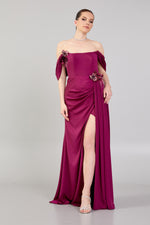 Load image into Gallery viewer, Waist and Shoulder Detailed Slit Evening Dress
