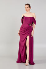 Load image into Gallery viewer, Waist and Shoulder Detailed Slit Evening Dress
