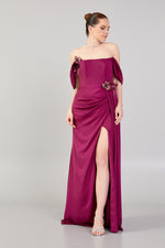 Load image into Gallery viewer, Waist and Shoulder Detailed Slit Evening Dress
