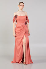 Load image into Gallery viewer, Waist and Shoulder Detailed Slit Evening Dress
