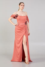 Load image into Gallery viewer, Waist and Shoulder Detailed Slit Evening Dress
