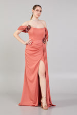 Load image into Gallery viewer, Waist and Shoulder Detailed Slit Evening Dress
