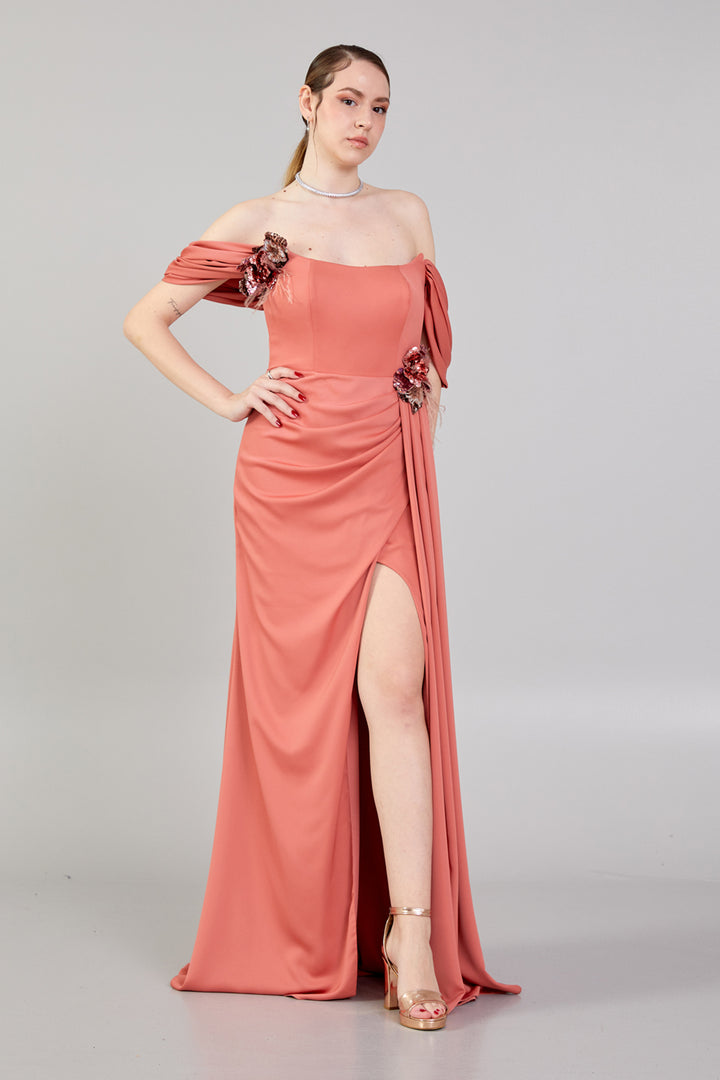 Waist and Shoulder Detailed Slit Evening Dress