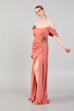 Load image into Gallery viewer, Waist and Shoulder Detailed Slit Evening Dress
