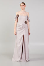 Load image into Gallery viewer, Waist and Shoulder Detailed Slit Evening Dress
