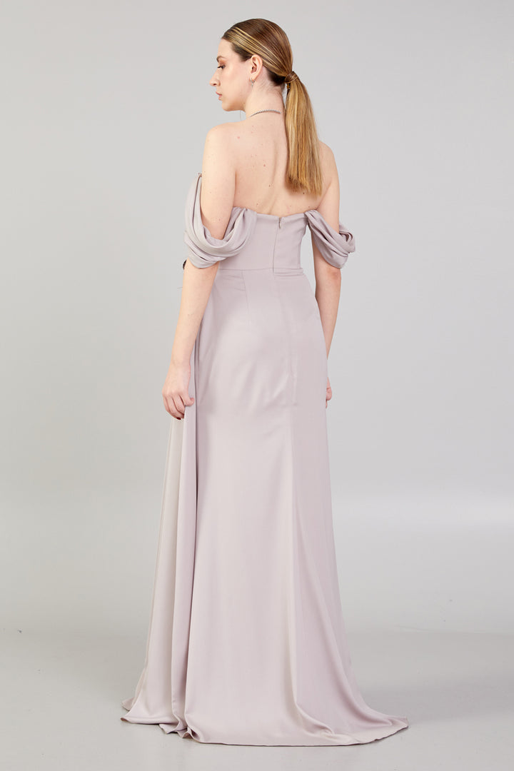 Waist and Shoulder Detailed Slit Evening Dress