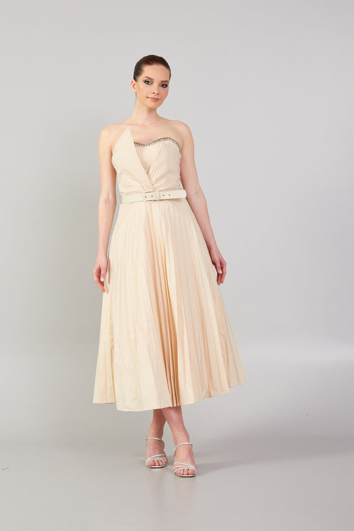 Strapless Dress with Belt Detail and Pleated Skirt