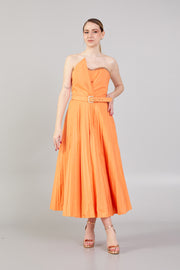 Strapless Dress with Belt Detail and Pleated Skirt