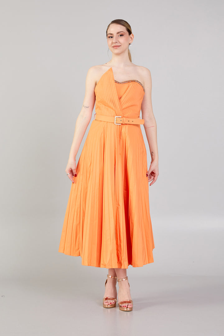 Strapless Dress with Belt Detail and Pleated Skirt