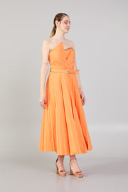 Strapless Dress with Belt Detail and Pleated Skirt