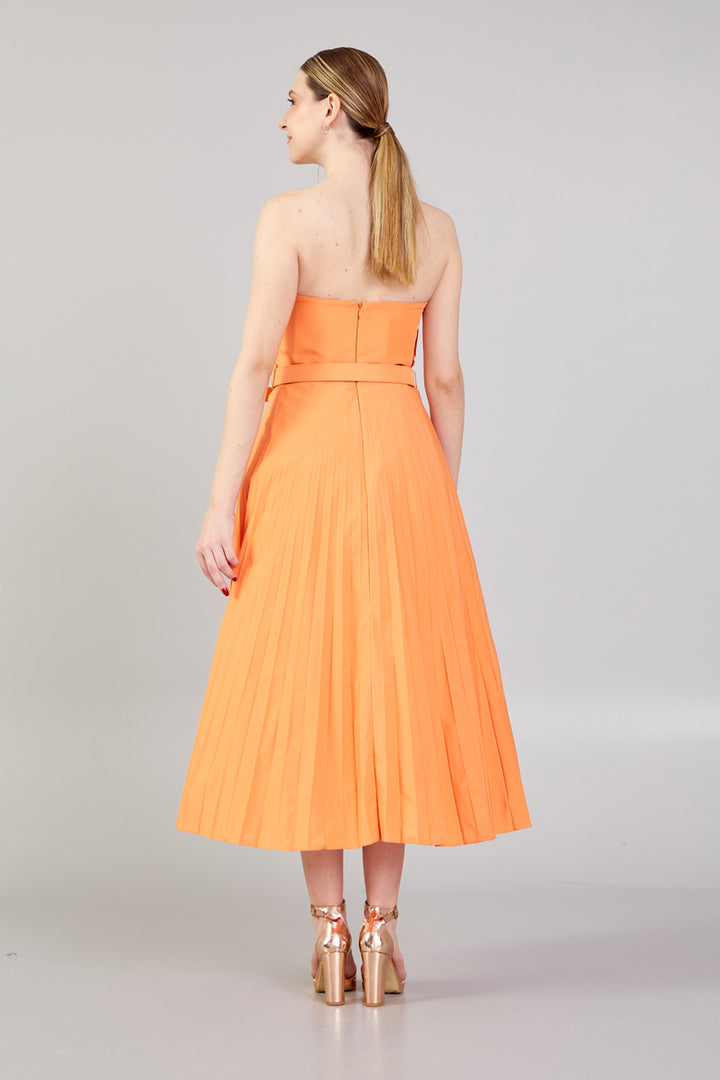 Strapless Dress with Belt Detail and Pleated Skirt