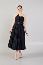 Load image into Gallery viewer, Strapless Dress with Belt Detail and Pleated Skirt
